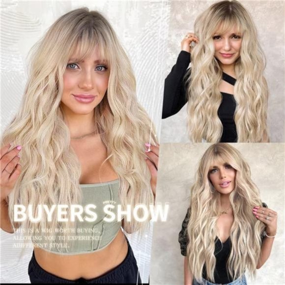 LONG Curly Wavy Synthetic Hair Wigs with Bangs for Women Light Golden Mix Blonde